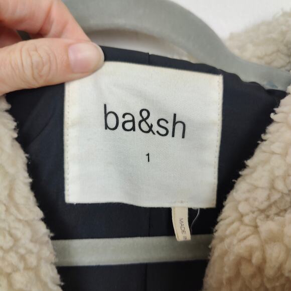 ba&sh Sherpa Jacket Womens 1 Small Jojo Lady Coat Beige Full Zip Teddy Hooded - Picture 6 of 8